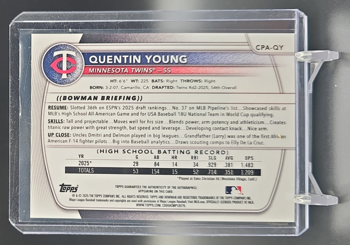 2025 Bowman Draft Sapphire Quentin Young #CPA-QY Chrome Auto /199 1st Prospect nan nan image 1