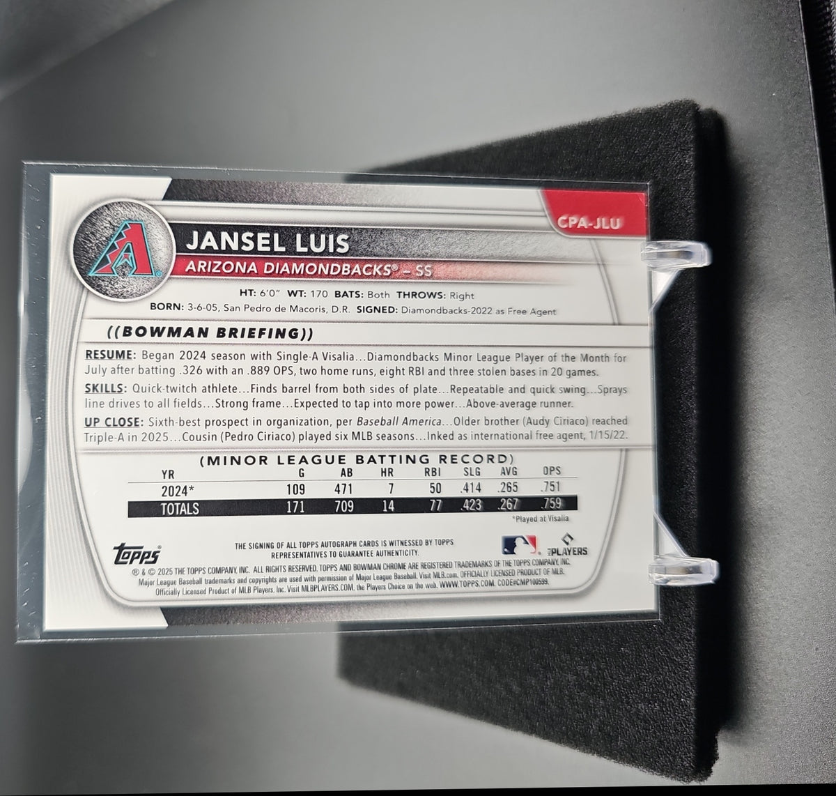 2025 Bowman Jansel Luis #CPA-JLU Chrome Auto Orange Refractor /25 1st Prospect image 1