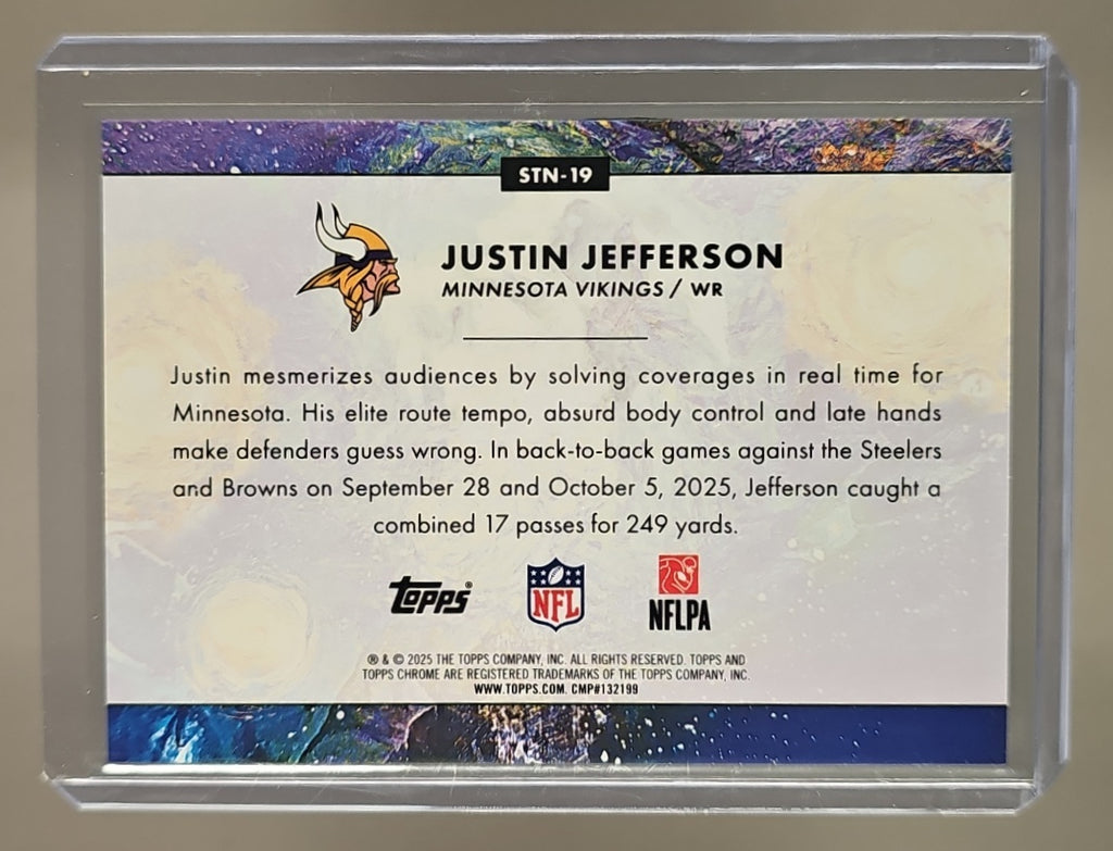 2025 Topps Cosmic Chrome Justin Jefferson #STN-19 Stars In The Night Green Space Dust Refractor /75 image 1