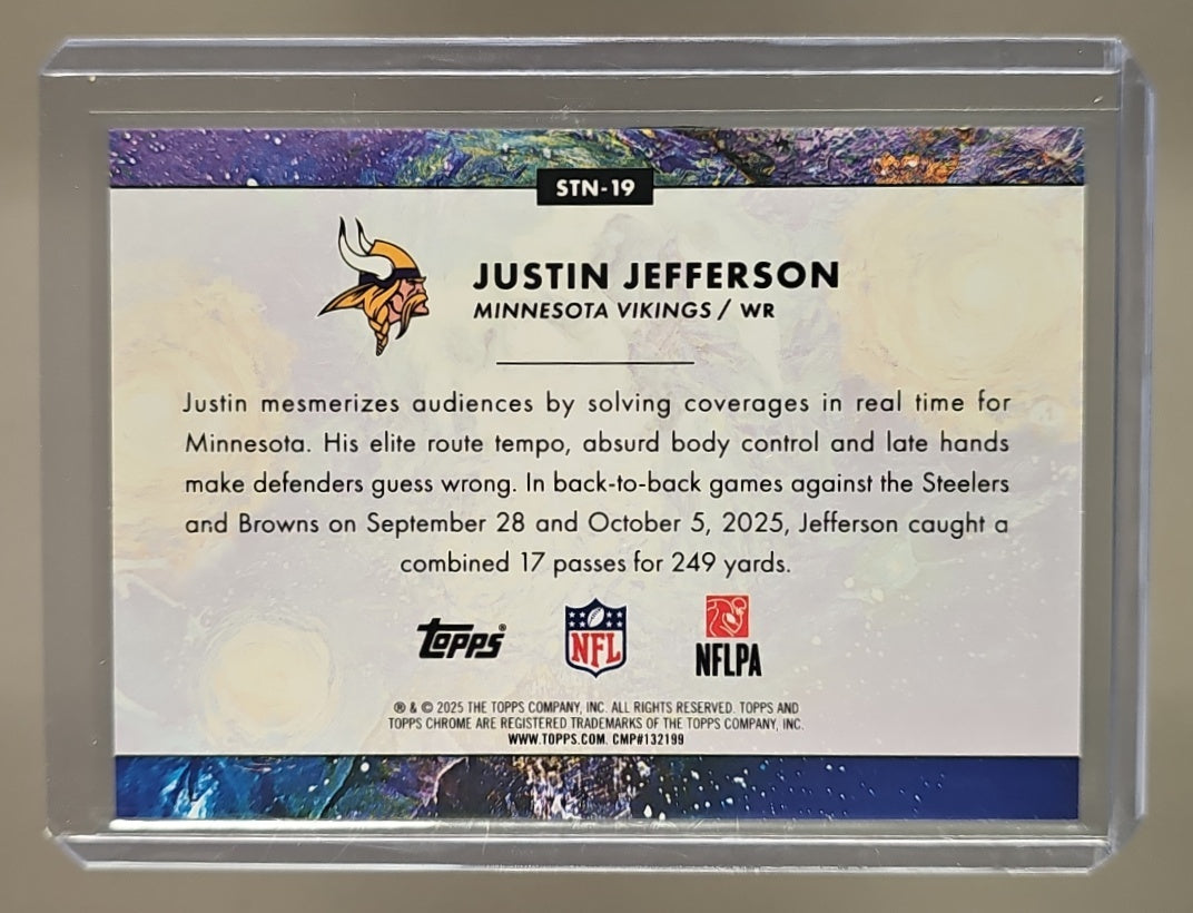 2025 Topps Cosmic Chrome Justin Jefferson #STN-19 Stars In The Night Green Space Dust Refractor /75 image 1