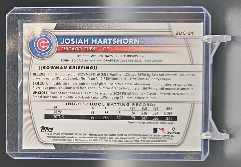 2025 Bowman Draft Josiah Hartshorn #BDC-21 Chrome Sky Blue Refractor 1st Prospect nan nan image 1