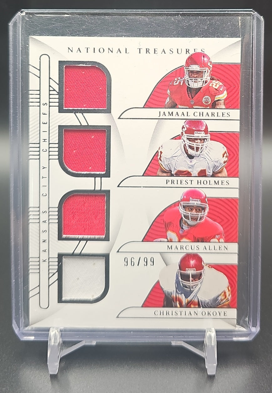 2022 Panini National Treasures Jamaal Charles Priest Holmes Marcus Allen Christian Okoye #GQM-KNSC NFL Gear Quad Materials /99 ME image 0