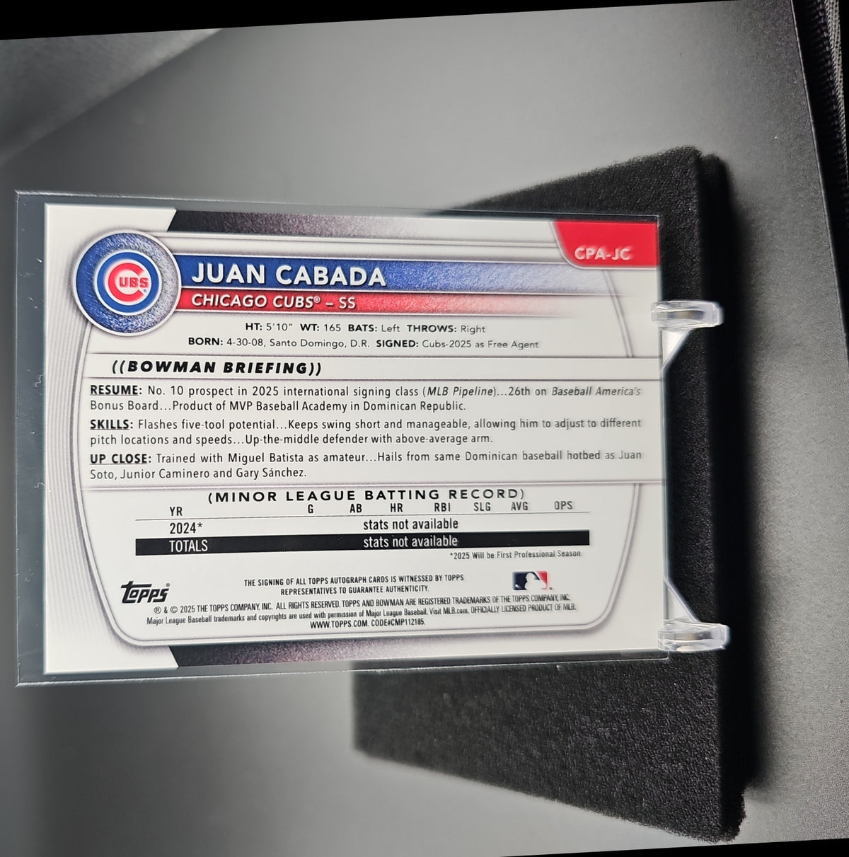 2025 Bowman Chrome Juan Cabada #CPA-JC Auto Purple Refractor /250 1st Prospect image 1