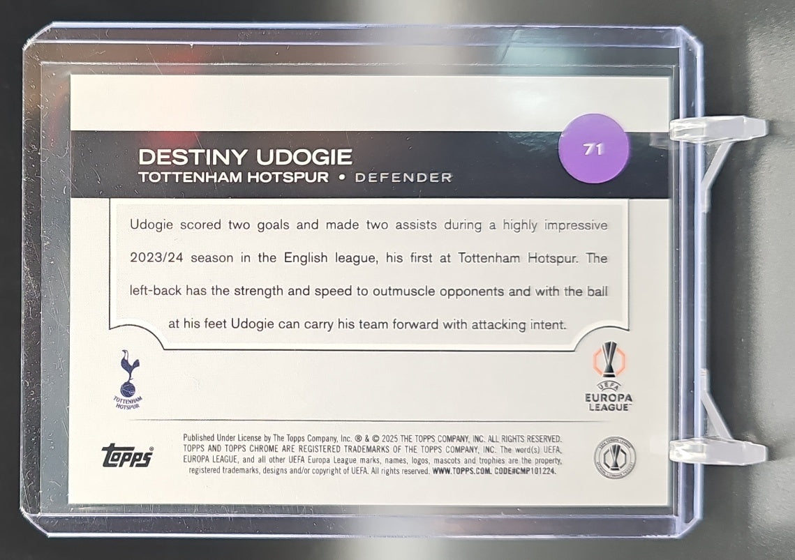 2024 Topps Chrome Sapphire UEFA Club Competitions Destiny Udogie #71 Gold /50 image 1