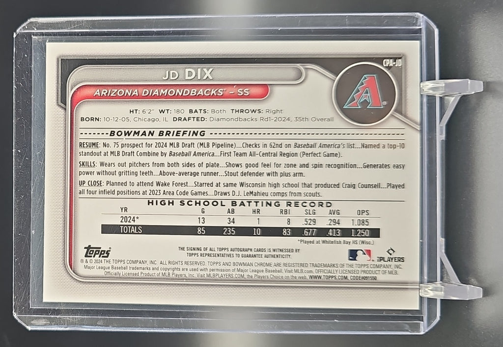 2024 Bowman Draft JD Dix #CPA-JD Chrome Auto 1st Prospect Diamondbacks nan nan image 1