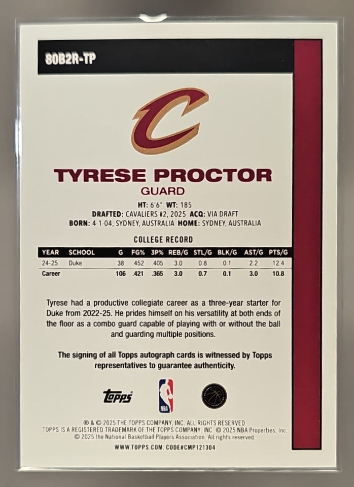 2025 Topps Tyrese Proctor #80B2R-TP 1980-81 Rookie Auto Black Rainbow /10 RC image 1