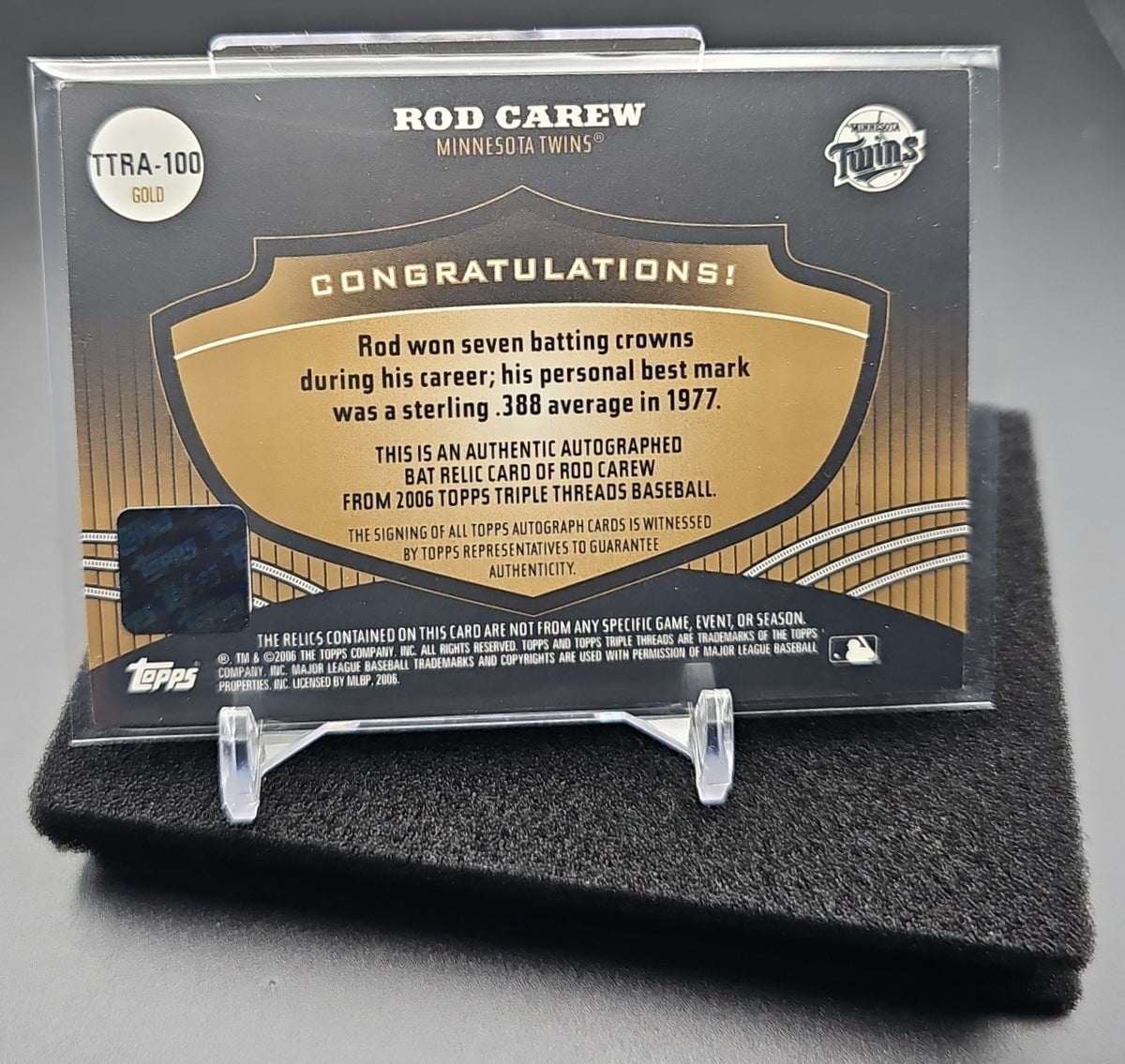 2006 Topps Triple Threads Rod Carew #TTRA-100 Relic Auto Gold /9 image 1