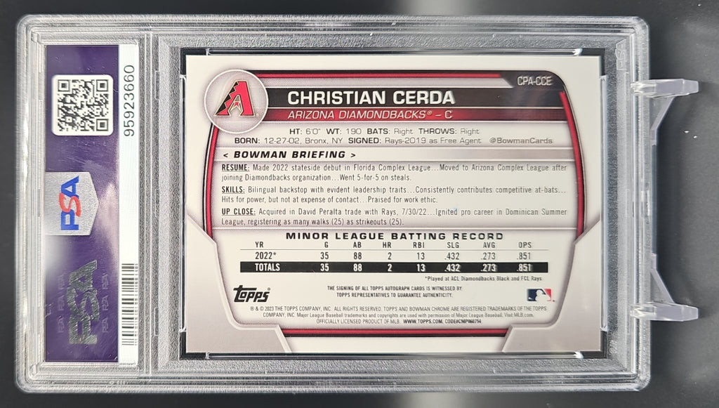 2023 Bowman Chrome Christian Cerda #CPA-CCE Auto Orange Refractor /25 1st Prospect PSA 9 PSA 9.0 image 1
