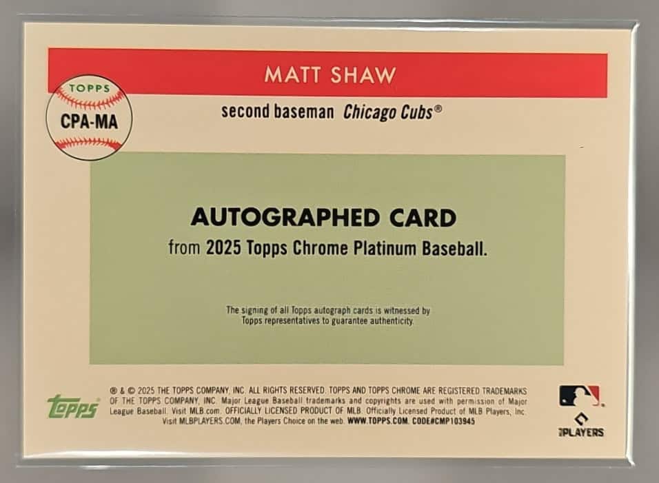 2025 Topps Chrome Platinum Anniversary Matt Shaw #CPA-MA Auto Blue Prism Refractor /99 RC image 1
