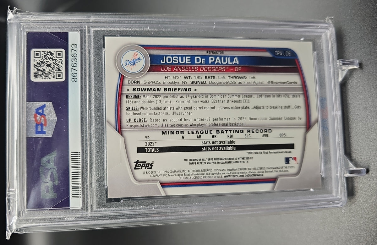2023 Bowman Josue De Paula #CPA-JDE Chrome Auto Refractor /499 1st Prospect PSA 9 PSA 9.0 image 1