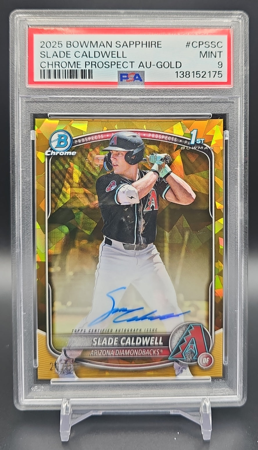 2025 Bowman Sapphire Slade Caldwell #CPS-SC Chrome Auto Gold Refractor /50 1st Prospect PSA 9 PSA 9.0 image 0