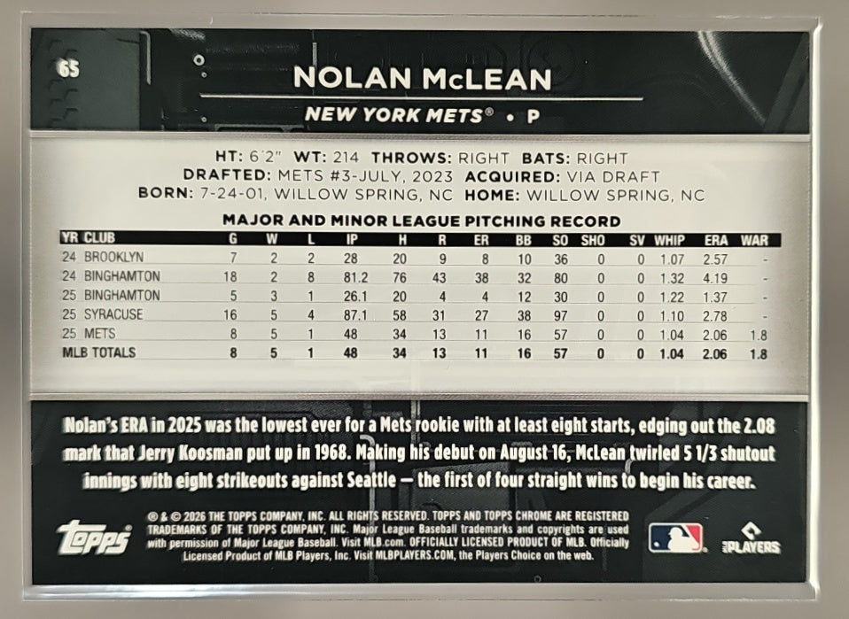 2026 Topps Chrome Black Nolan McLean #65 Rookie Design Variation Black Refractor /10 RC image 1