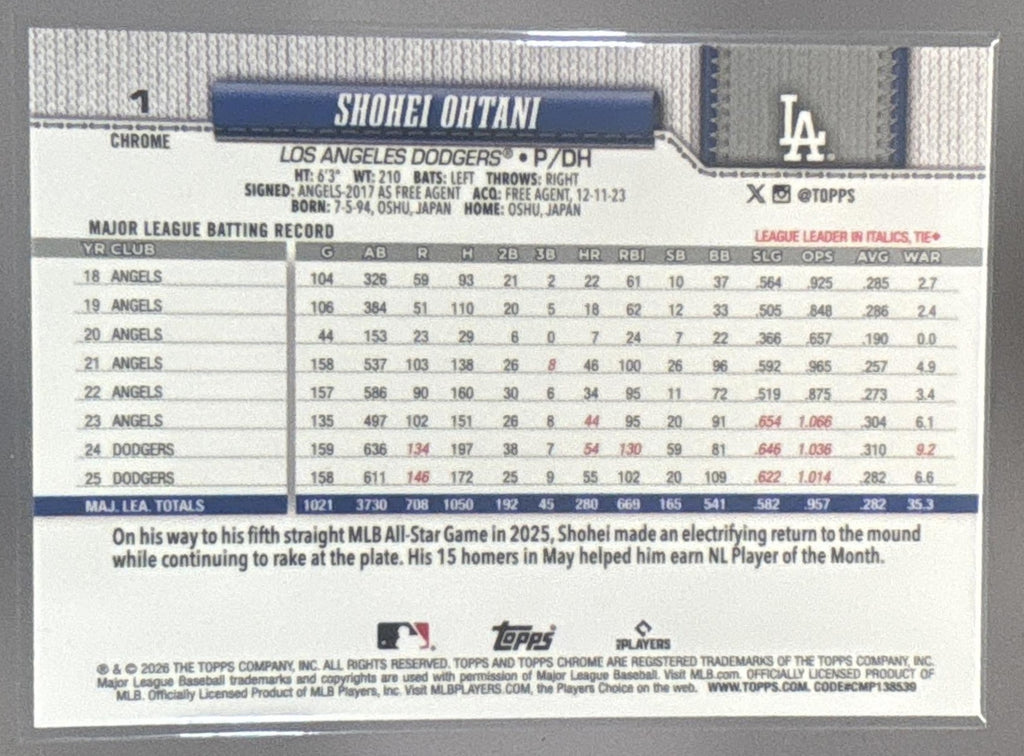 2026 Topps Chrome Logofractor Shohei Ohtani #1 Blue Refractor /150 Dodgers