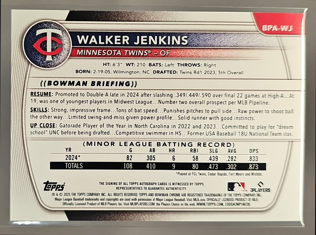 2025 Bowman Walker Jenkins #BPA-WJ Prospect Auto Purple Border 1/250 Twins