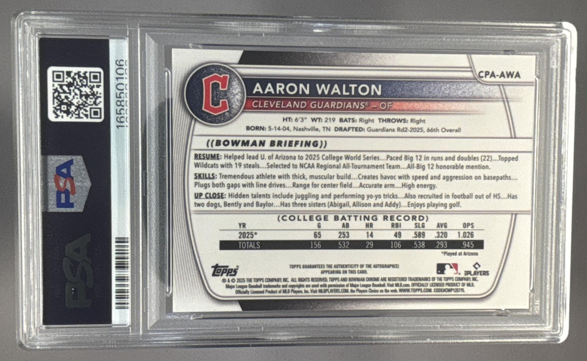 2025 Bowman Draft Aaron Walton #CPA-AWA Chrome Auto Purple /250 1st PSA 9