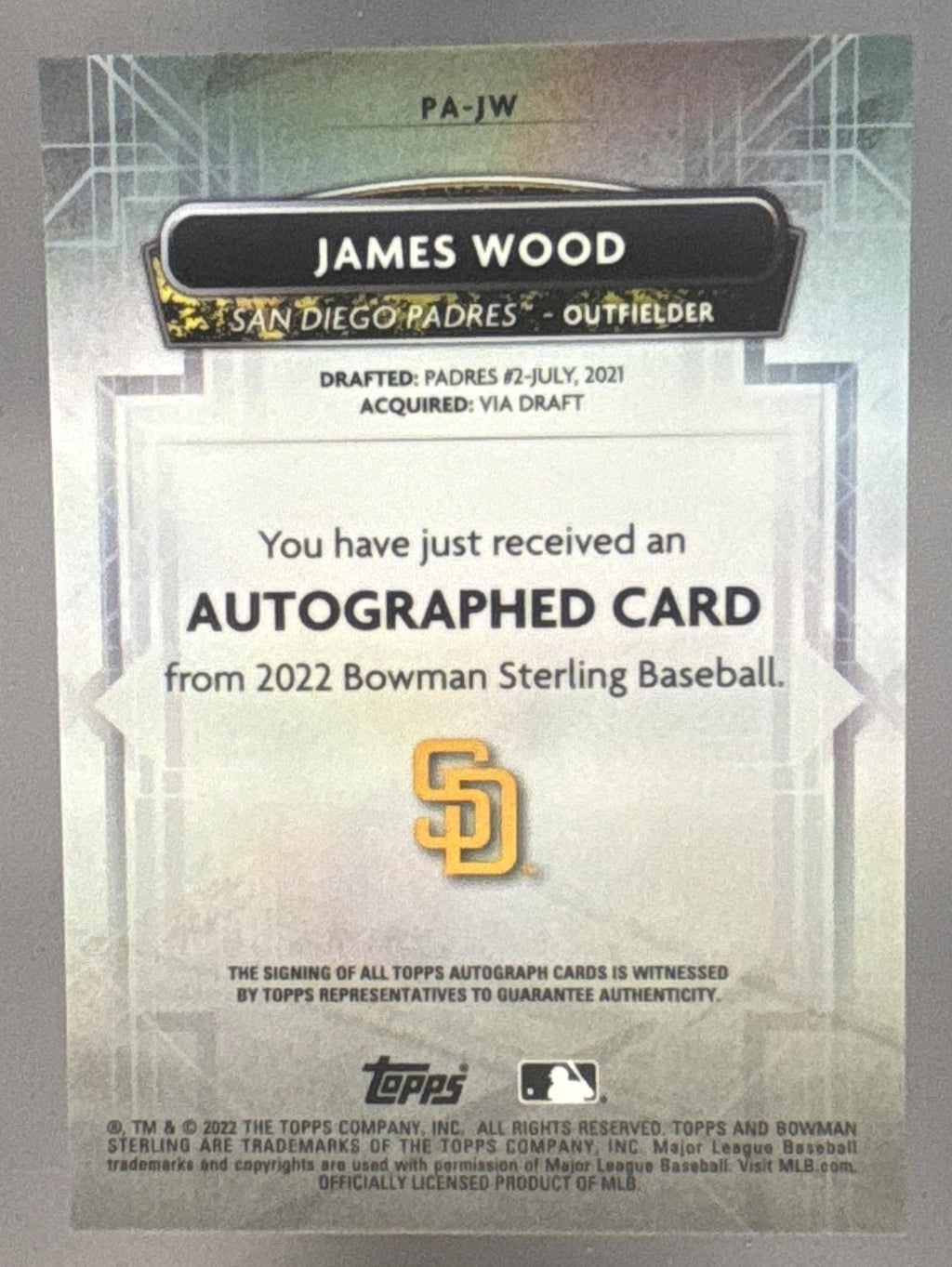 2022 Bowman Sterling James Wood #PA-JW Prospect Auto Padres