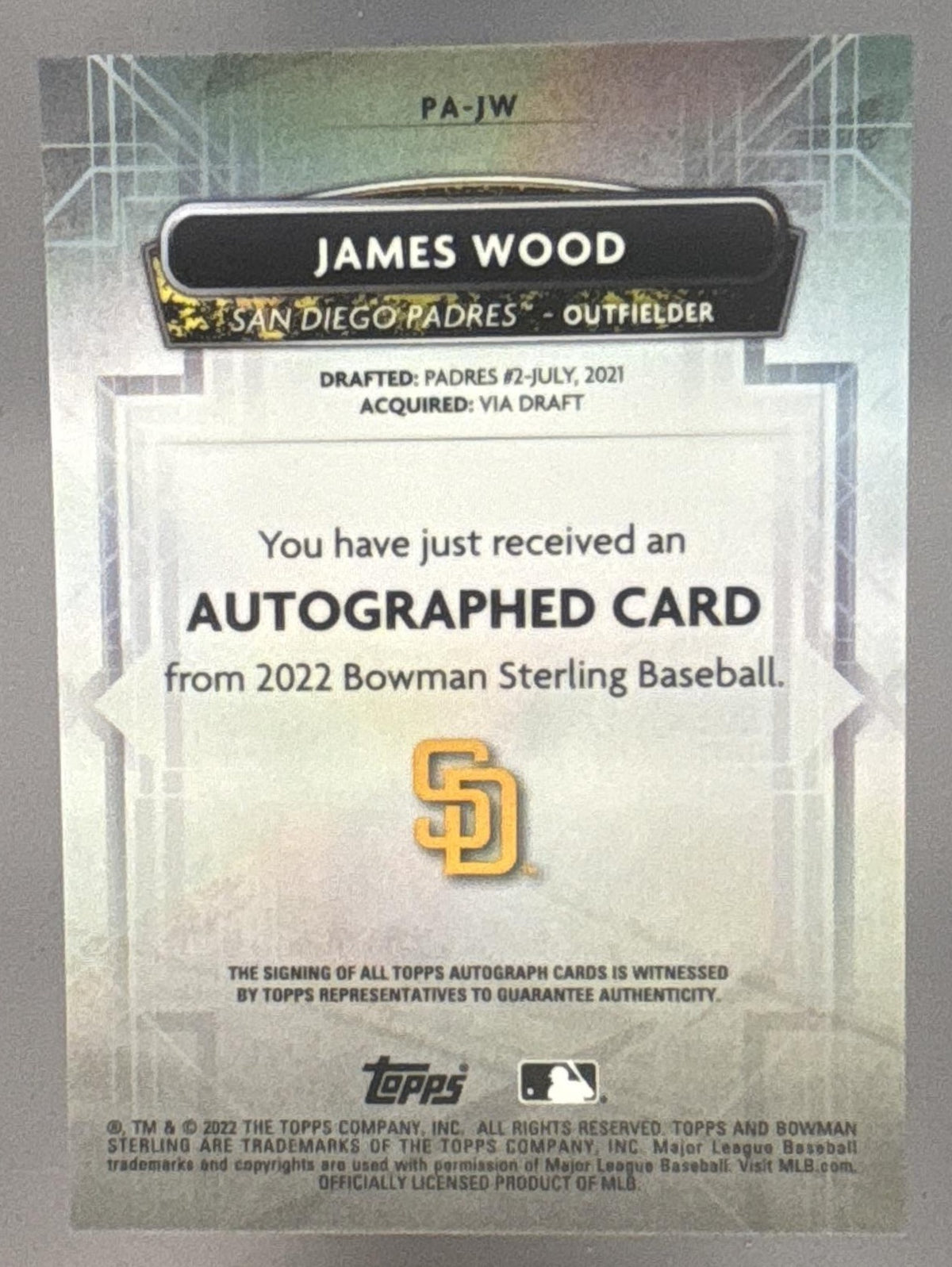 2022 Bowman Sterling James Wood #PA-JW Prospect Auto Padres