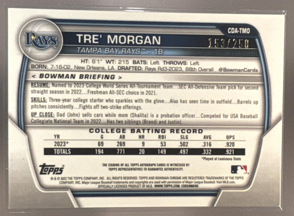 2023 Bowman Draft Tre Morgan Chrome Auto Purple Refractor /250 1st Prospect