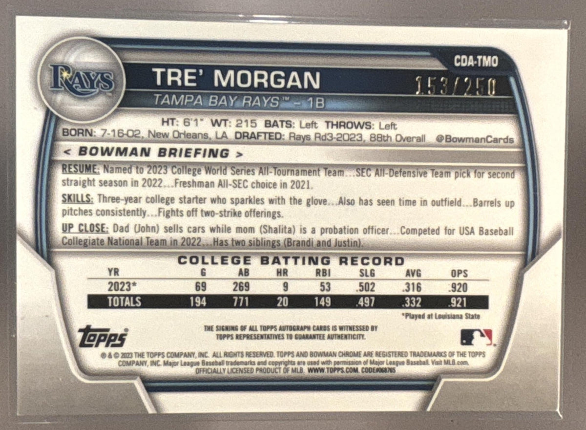 2023 Bowman Draft Tre Morgan Chrome Auto Purple Refractor /250 1st Prospect