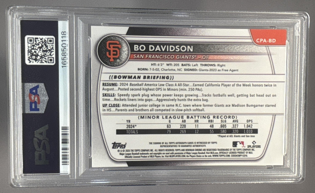 2025 Bowman Chrome Bo Davidson Purple Refractor Auto /250 1st Prospect PSA 9