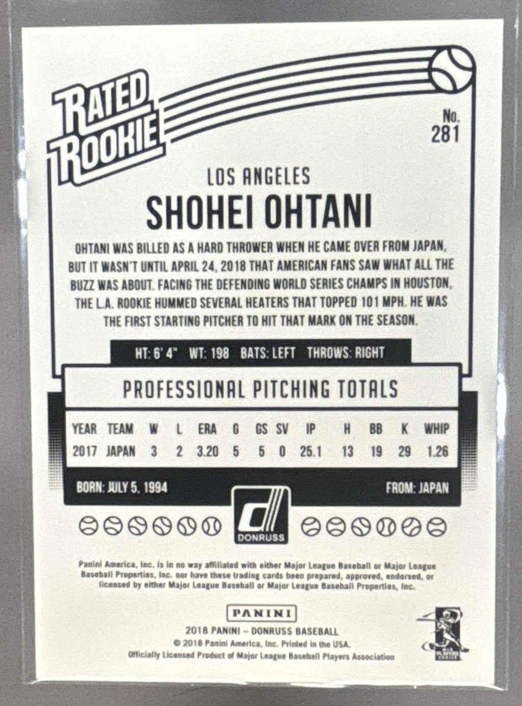 2018 Panini Donruss Shohei Ohtani #281 Wrapper Redemption Rated Rookie RC Angels