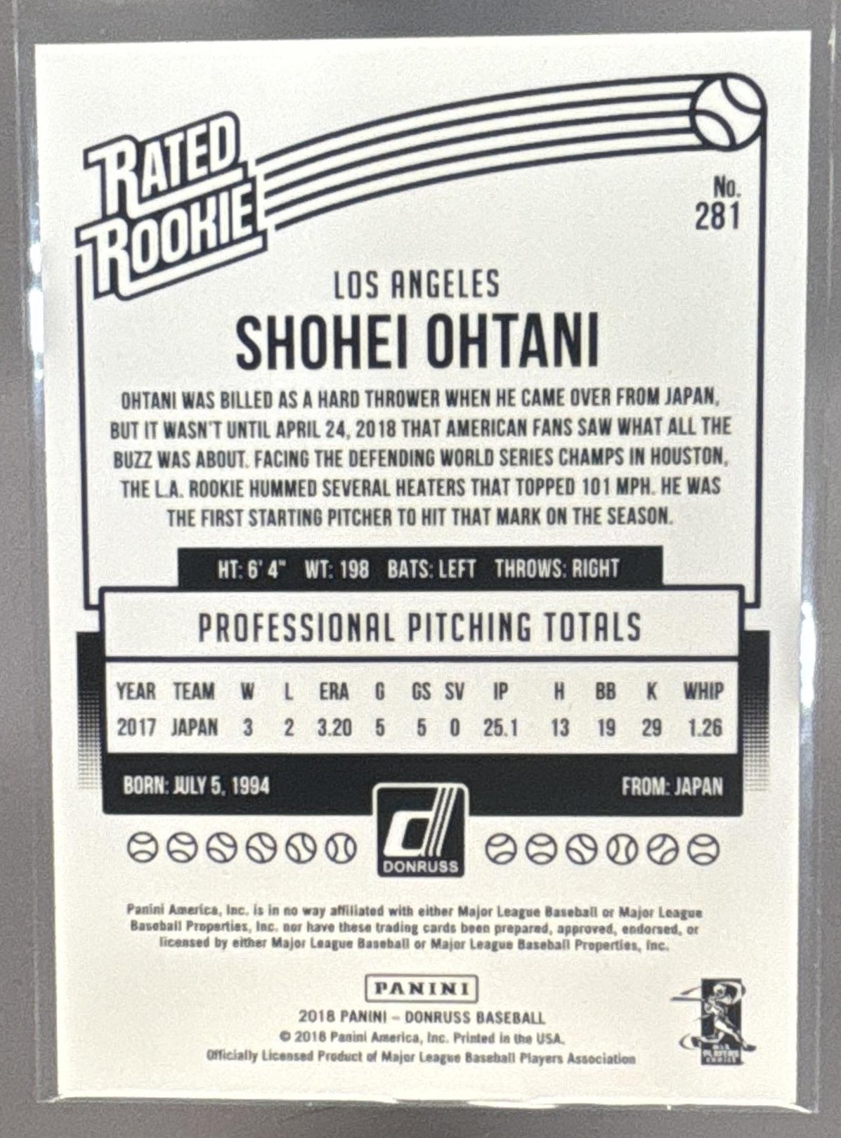 2018 Panini Donruss Shohei Ohtani #281 Wrapper Redemption Rated Rookie RC Angels