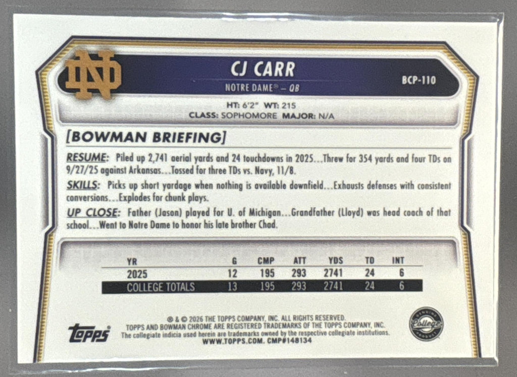 2026 Bowman CJ Carr #BCP-110 Chrome Neon Green Refractor /399 1st Prospect