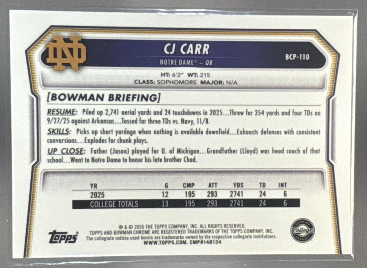 2026 Bowman CJ Carr #BCP-110 Chrome Neon Green Refractor /399 1st Prospect