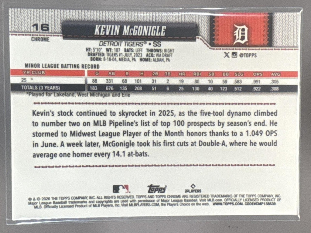 2026 Topps Chrome Sapphire Kevin McGonigle #16 RC Tigers