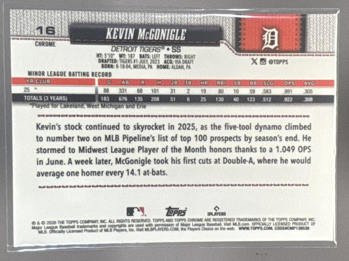 2026 Topps Chrome Sapphire Kevin McGonigle #16 RC Tigers
