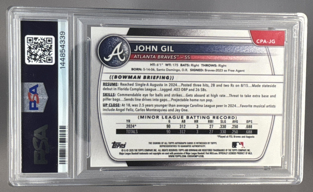 2025 Bowman Chrome John Gil #CPA-JG Auto Gold Refractor /50 1st Prospect PSA 10