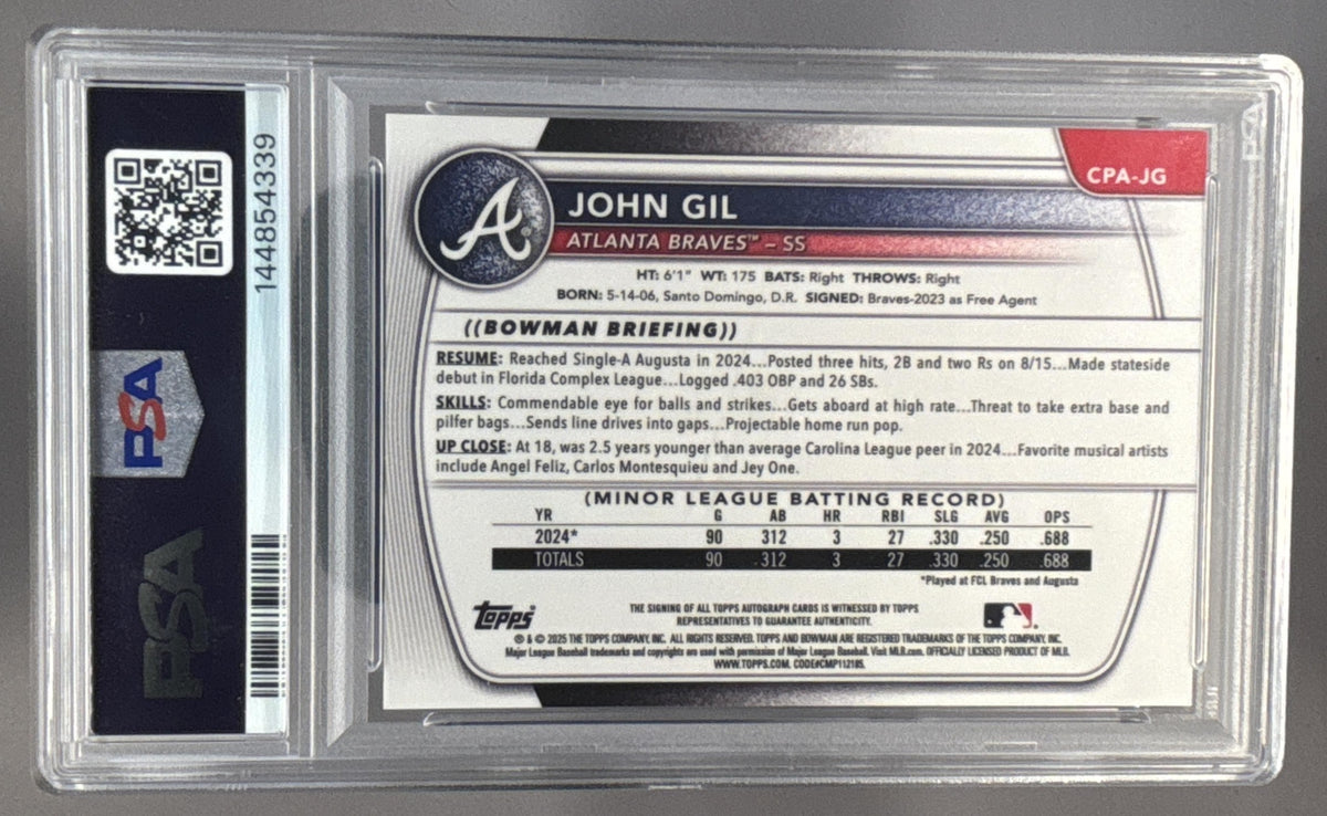 2025 Bowman Chrome John Gil #CPA-JG Auto Gold Refractor /50 1st Prospect PSA 10