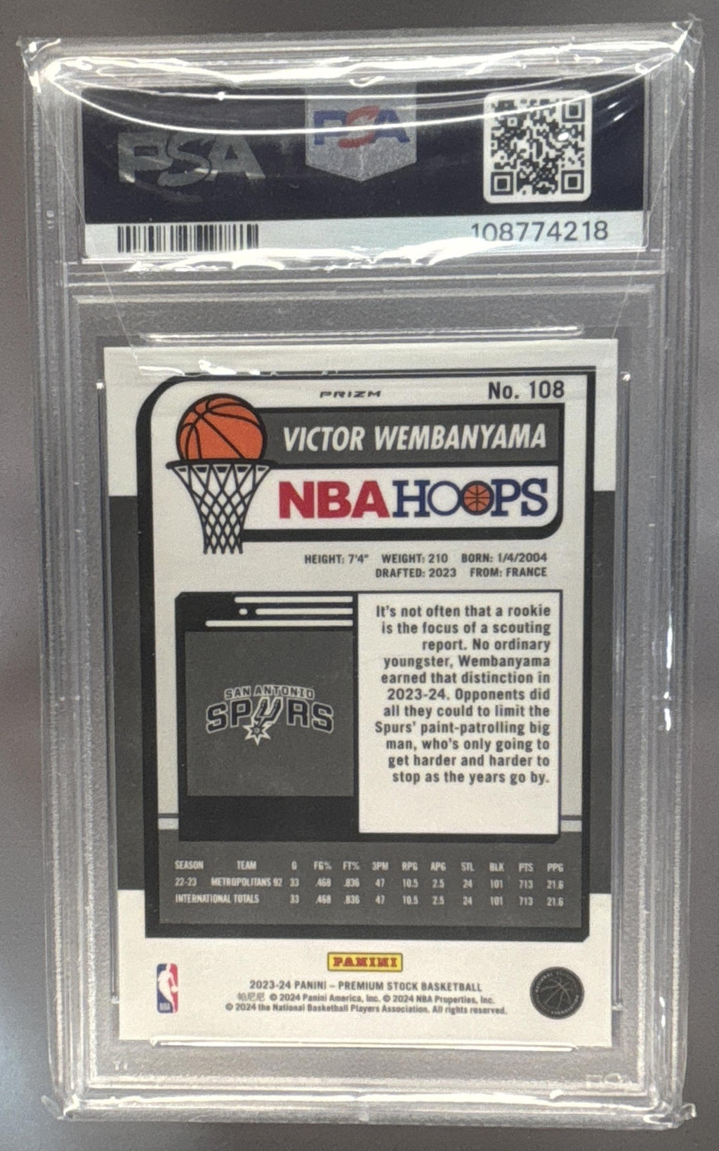 2023 Panini Hoops Premium Stock Victor Wembanyama #108 Silver Prizm PSA 9