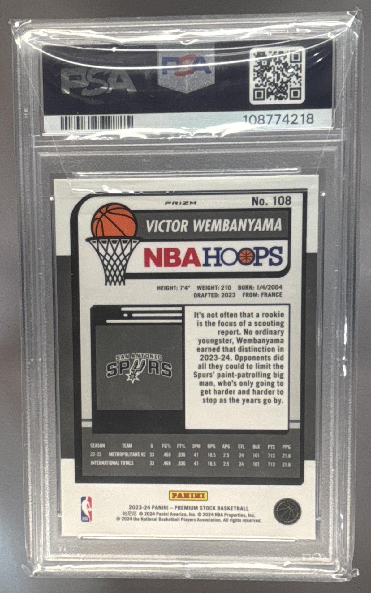 2023 Panini Hoops Premium Stock Victor Wembanyama #108 Silver Prizm PSA 9