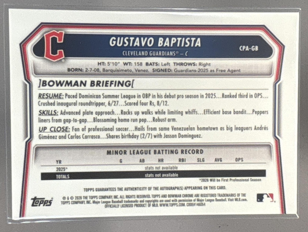 2026 Bowman Chrome Gustavo Baptista Auto Blue Reptilian /150 1st Bowman
