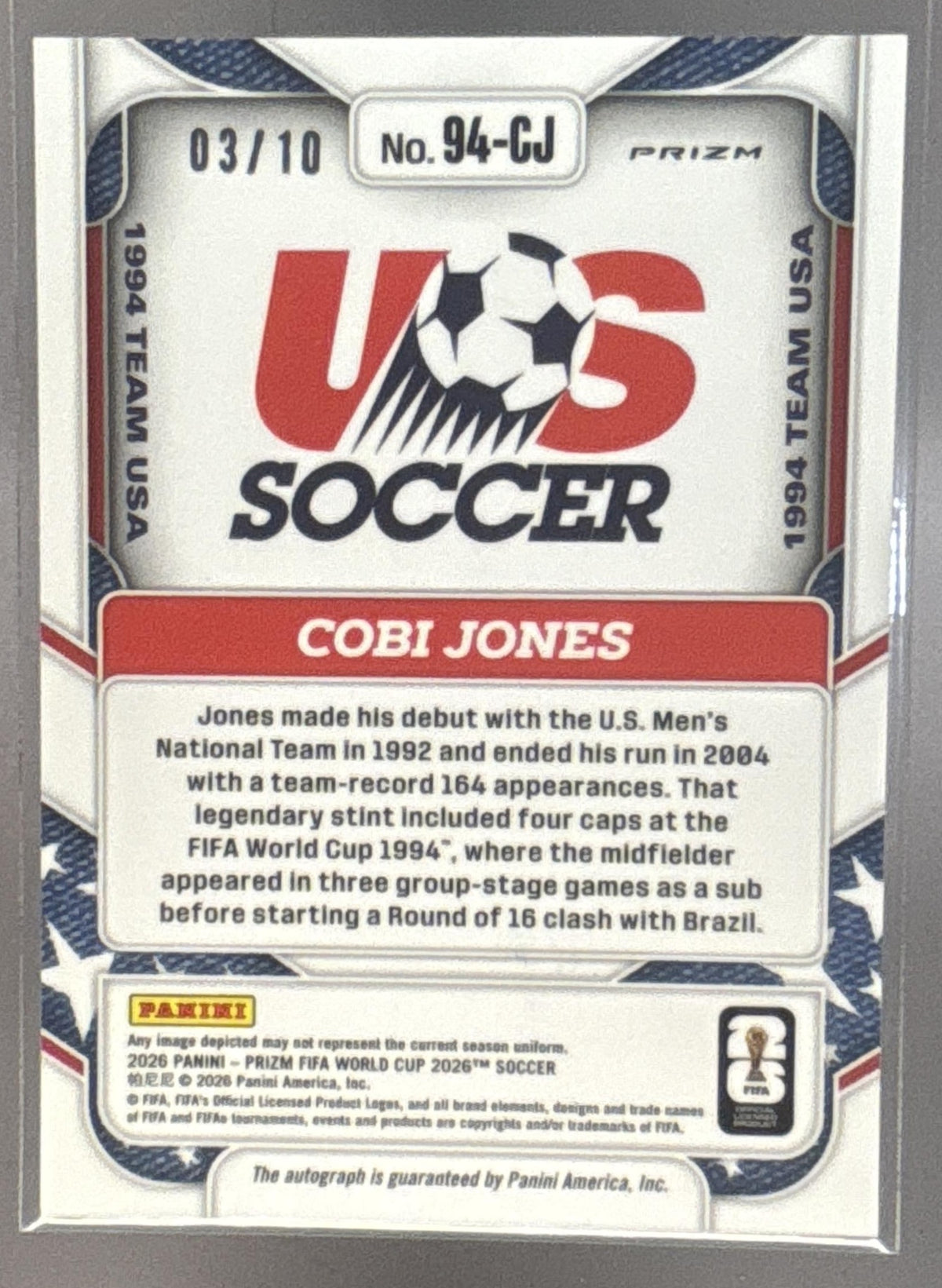 2026 Panini Prizm World Cup Cobi Jones 1994 Team USA Signatures Gold /10 Auto