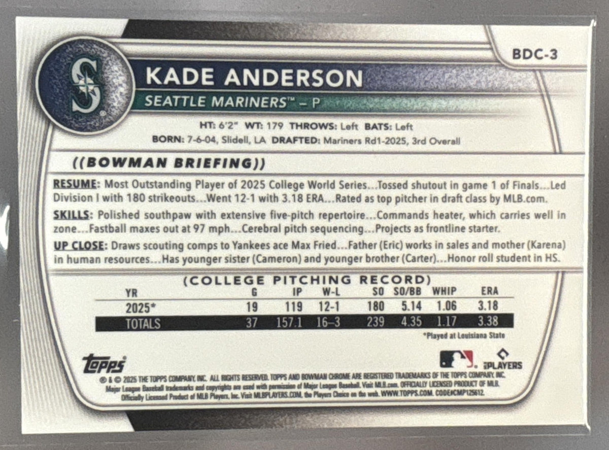 2025 Bowman Draft Kade Anderson #BDC-3 Chrome Blue Refractor /150 1st Prospect