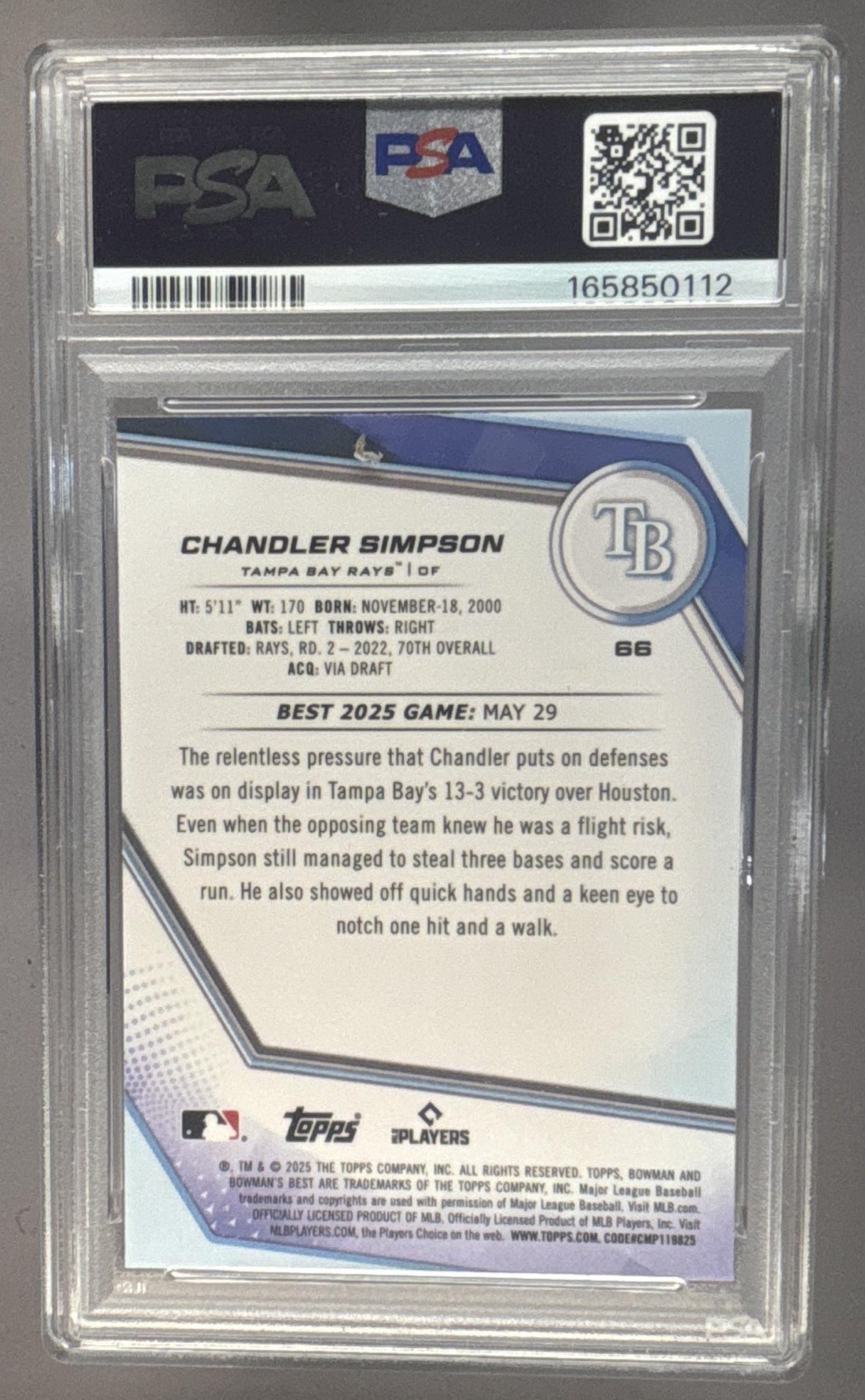 2025 Bowman's Best Chandler Simpson #66 Lazer Refractor /350 RC Rays PSA 9