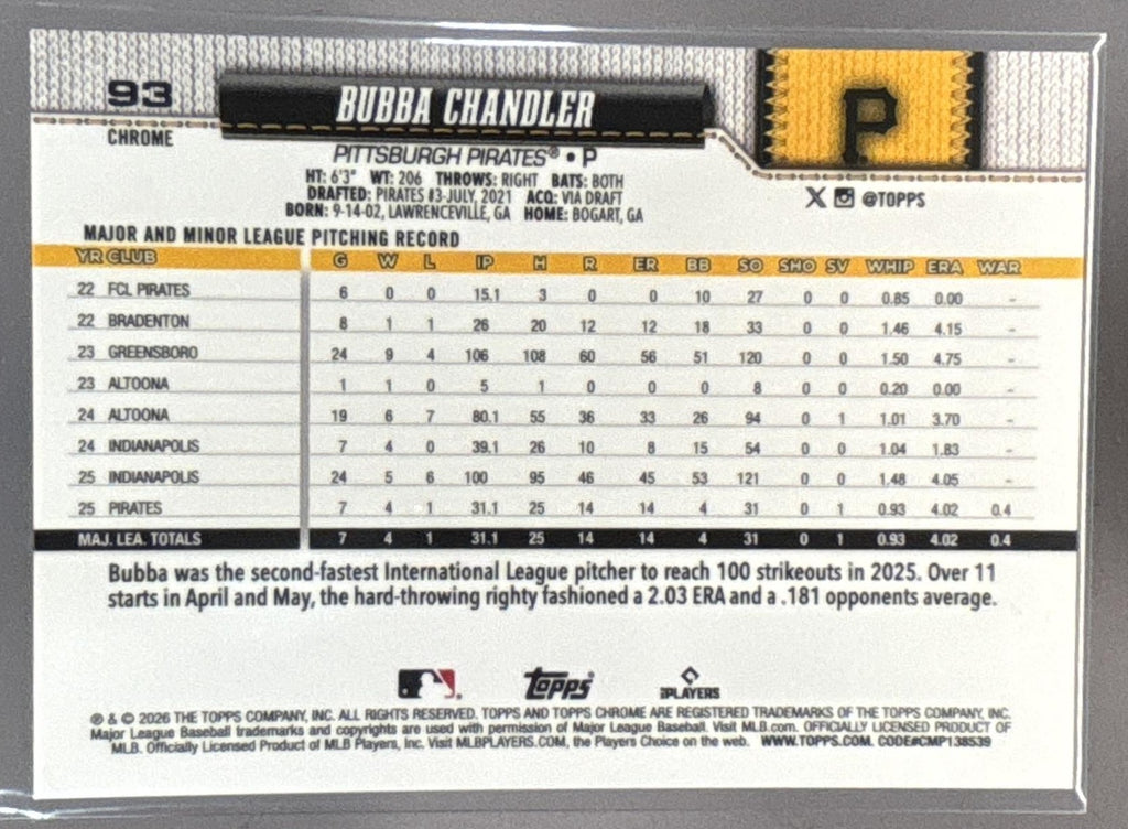 2026 Topps Chrome LogoFractor Bubba Chandler #93 Gold Refractor 48/50 RC Pirates