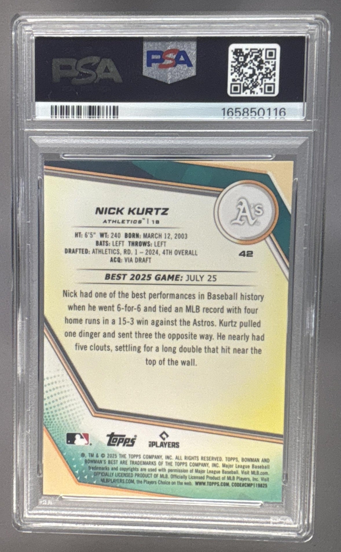 2025 Bowman's Best Nick Kurtz #42 Purple Lazer Refractor /250 RC PSA 10