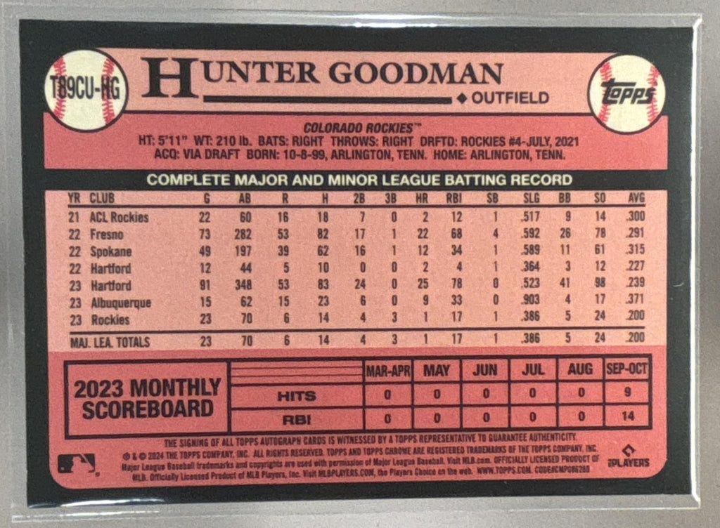 2024 Topps Update Hunter Goodman 1989 Chrome Silver Pack Auto Orange /25 RC