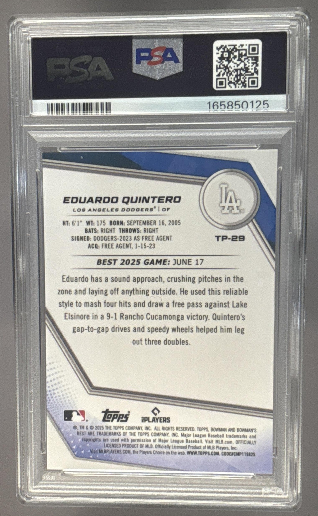 2025 Bowman's Best Eduardo Quintero #TP-29 Top Prospects Yellow Lazer /75 PSA 9