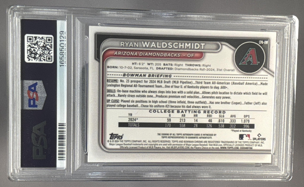 2024 Bowman Draft Ryan Waldschmidt #CPA-RW Chrome Auto Purple /250 1st PSA 9