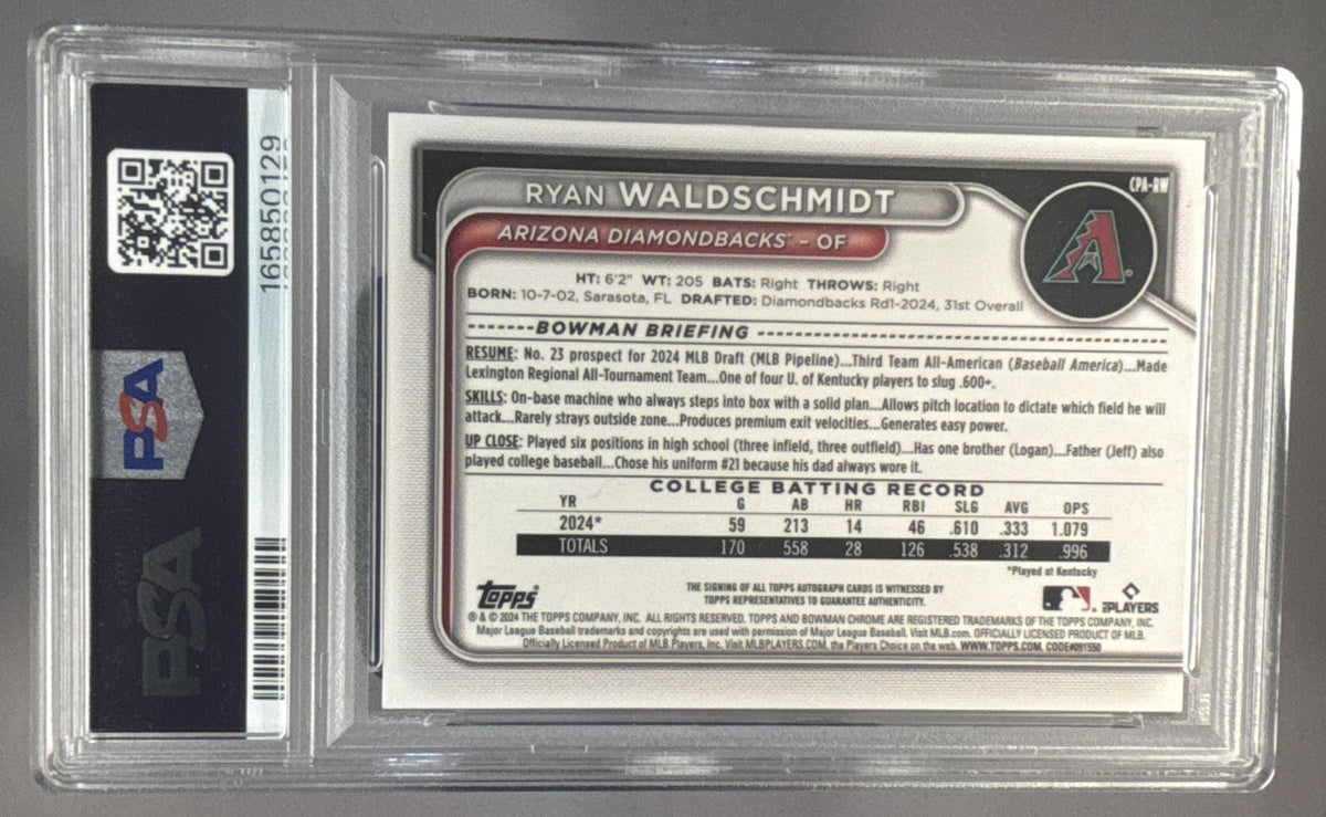2024 Bowman Draft Ryan Waldschmidt #CPA-RW Chrome Auto Purple /250 1st PSA 9