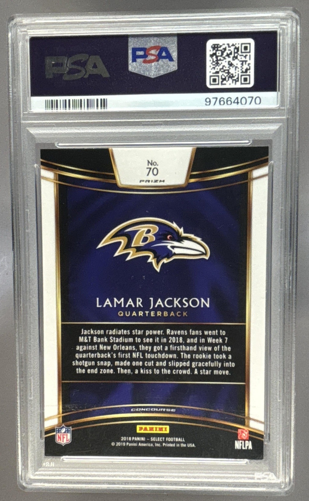 2018 Panini Select Lamar Jackson #70 Silver Prizm RC Concourse Ravens PSA 10