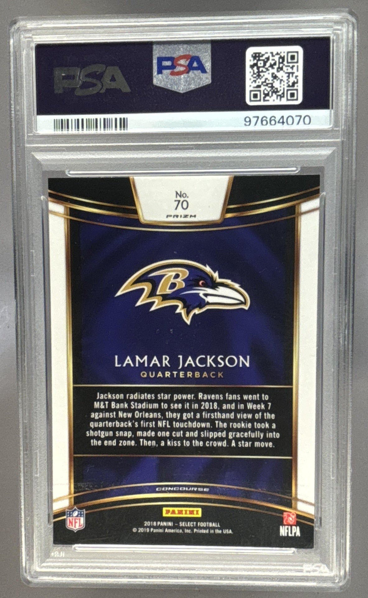 2018 Panini Select Lamar Jackson #70 Silver Prizm RC Concourse Ravens PSA 10
