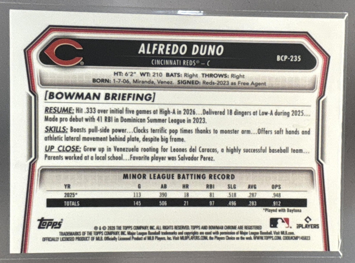 2026 Bowman Chrome Alfredo Duno Prospects Reptilian Orange Refractor /25