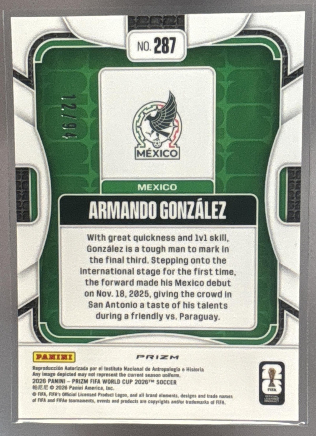 2026 Panini Prizm World Cup Armando Gonzalez #287 Old Glory 12/94 RC Mexico