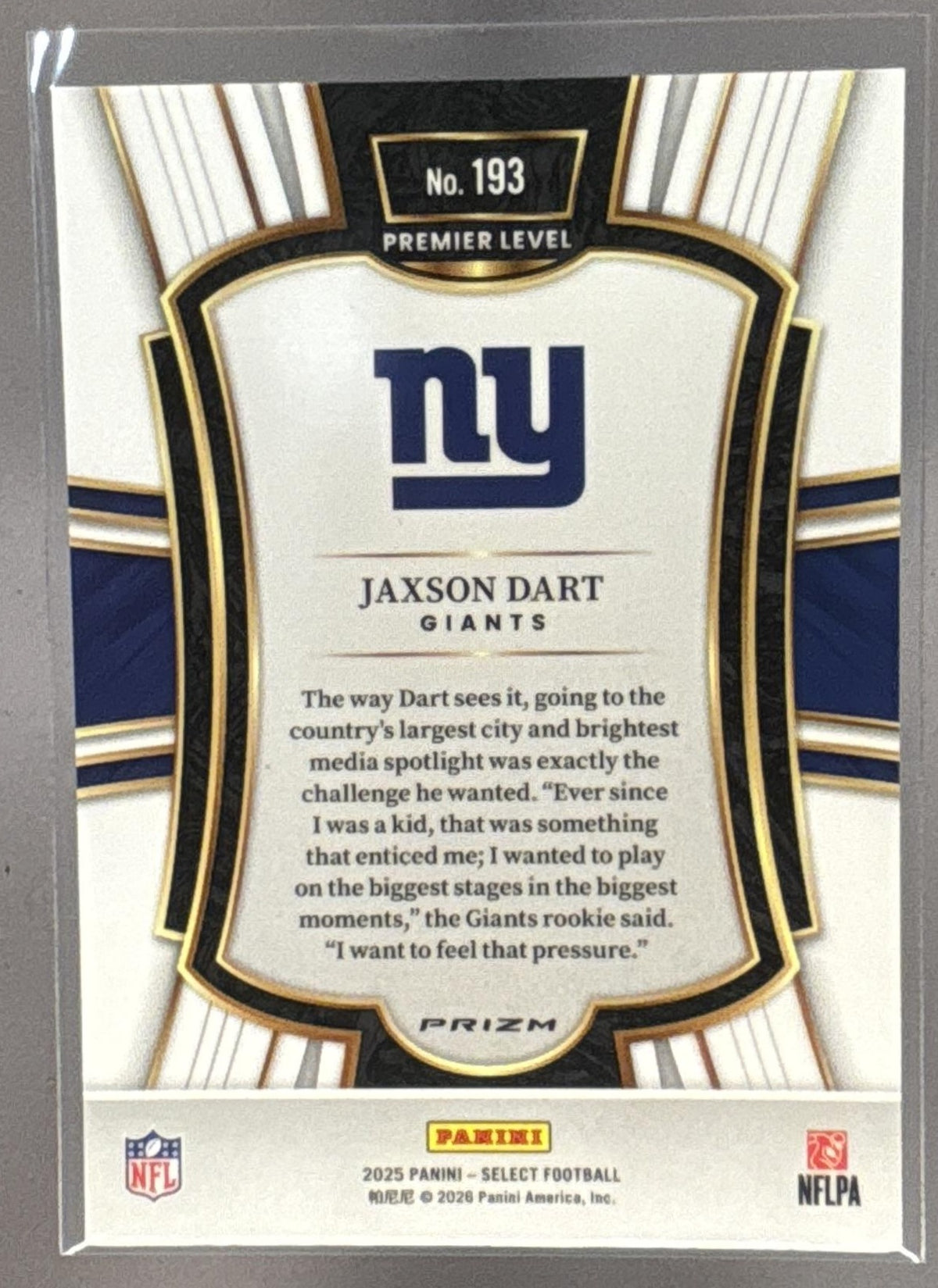 2025 Panini Select Jaxson Dart #193 Premier Level Zebra Prizm Shock RC Giants