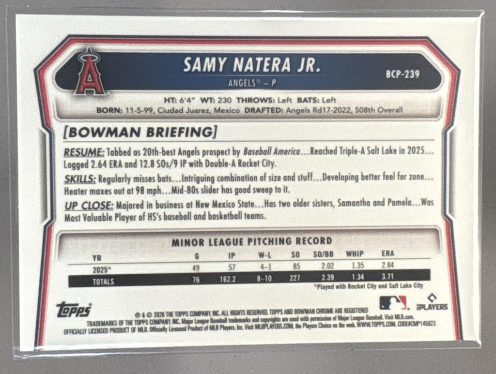 2026 Bowman Chrome Samy Natera Jr. #BCP-239 Purple Refractor /250 1st Prospect